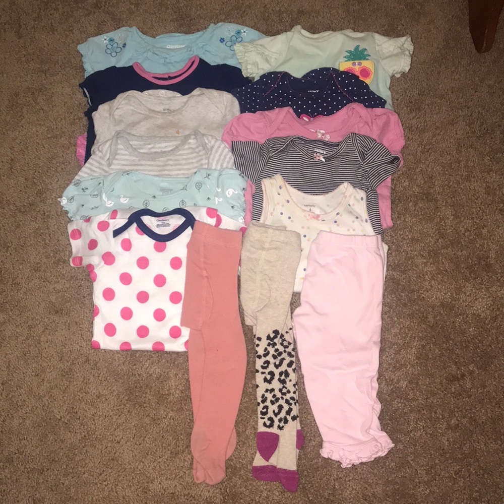 Baby girl onesies, 3 bottoms